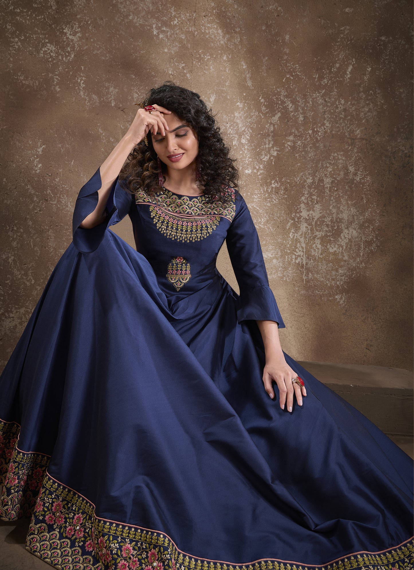 Navy Blue Silk Embroidered Readymade Anarkali Suit