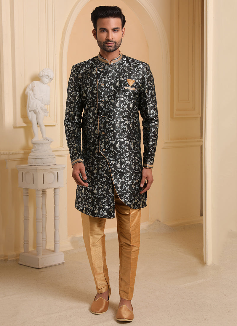 Black Jacquard Semi Silk Brocade Mens Indo Western