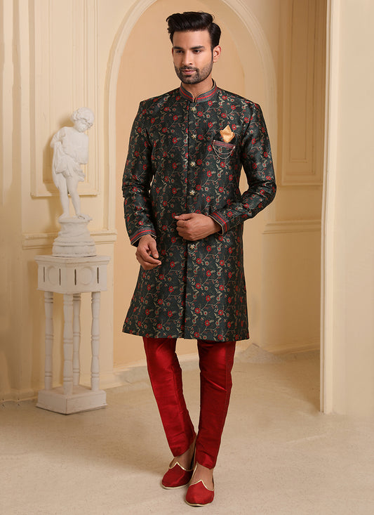 Dark Green Jacquard Semi Silk Brocade Mens Indo Western