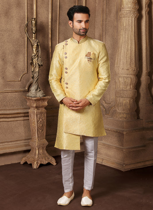 Yellow Jacquard Semi Silk Brocade Mens Indo Western