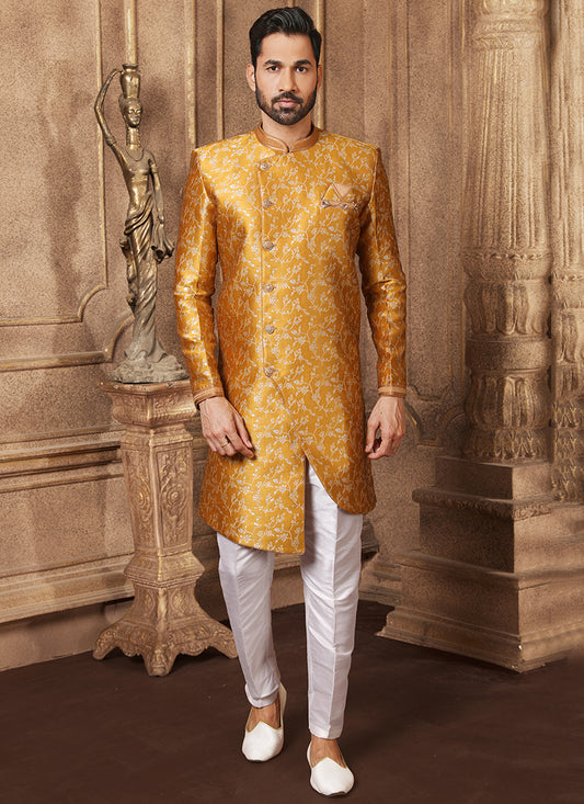 Golden Yellow Jacquard Semi Silk Brocade Mens Indo Western