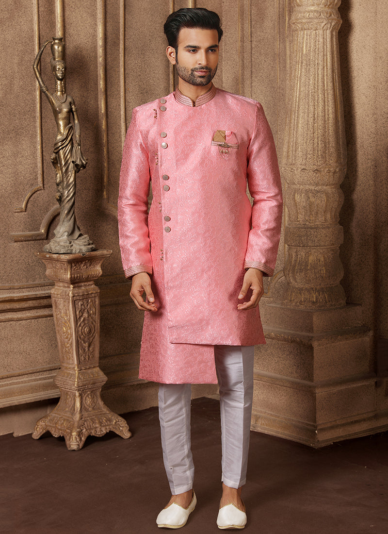 Pink Jacquard Semi Silk Brocade Mens Indo Western