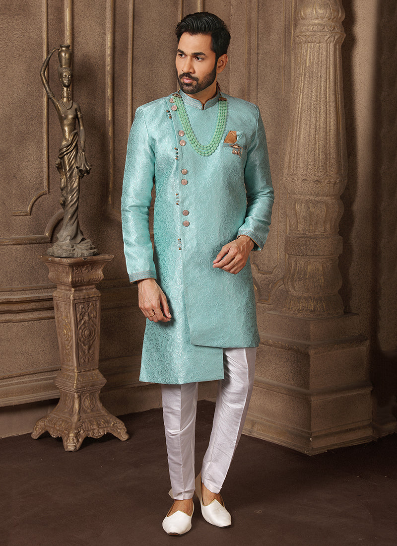 Sky Blue Jacquard Semi Silk Brocade Mens Indo Western