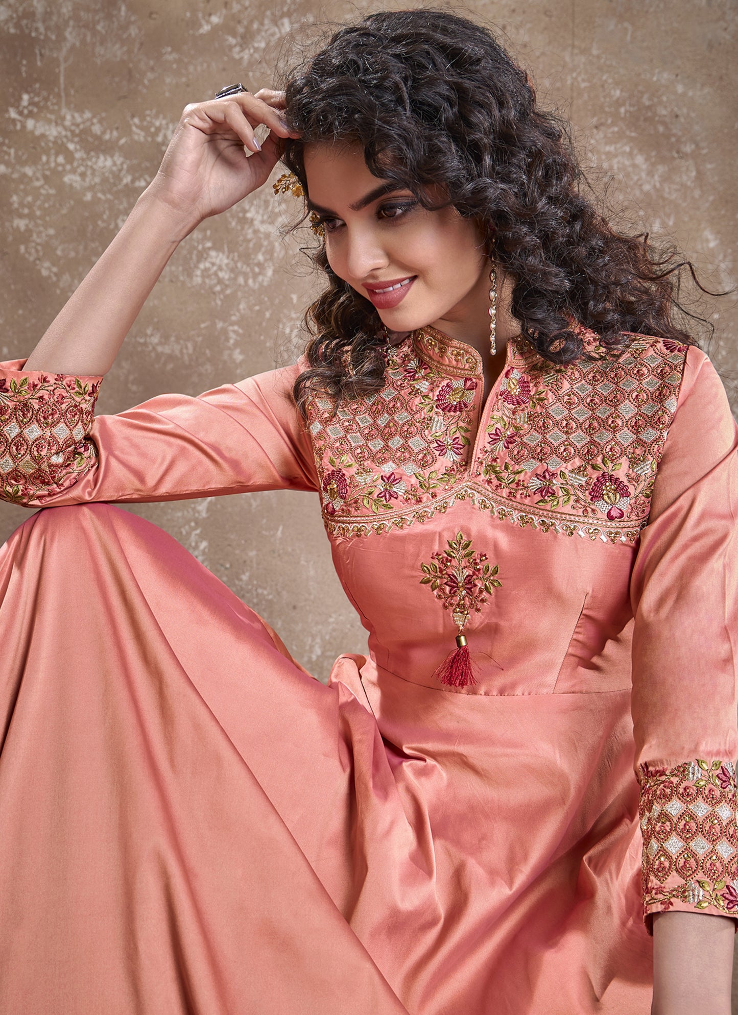 Peach Silk Embroidered Readymade Anarkali Suit