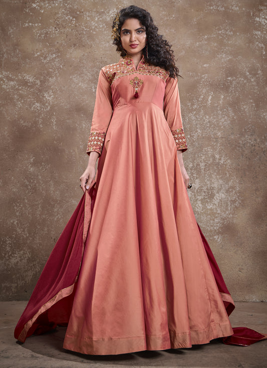Peach Silk Embroidered Readymade Anarkali Suit
