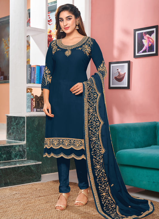 Prussian Blue Faux Georgette Embroidered Churidar Kameez Set