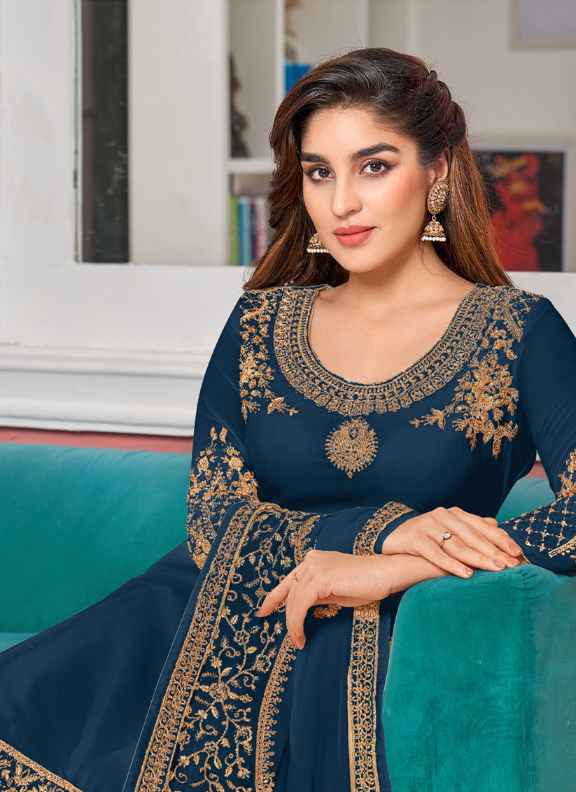 Prussian Blue Faux Georgette Embroidered Churidar Kameez Set