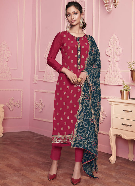 Red Georgette Embroidered Ready Made Pant Kameez Set