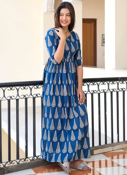Royal Blue Pure Muslin Printed Ready Made Gown