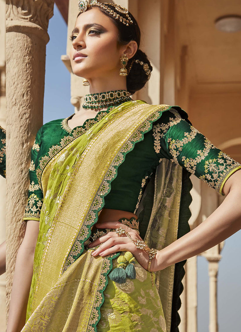 Lime Green Silk Embroidered Wedding Saree