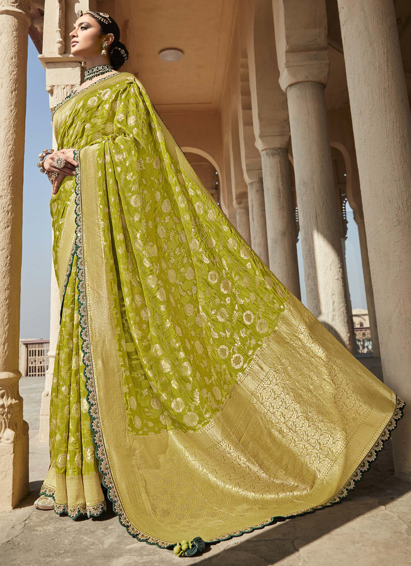 Lime Green Silk Embroidered Wedding Saree