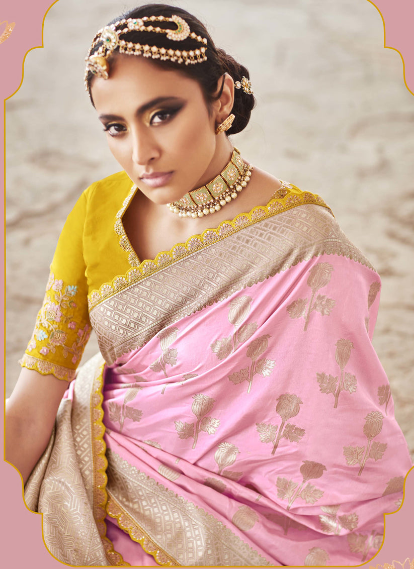 Rose Pink Silk Embroidered Wedding Saree