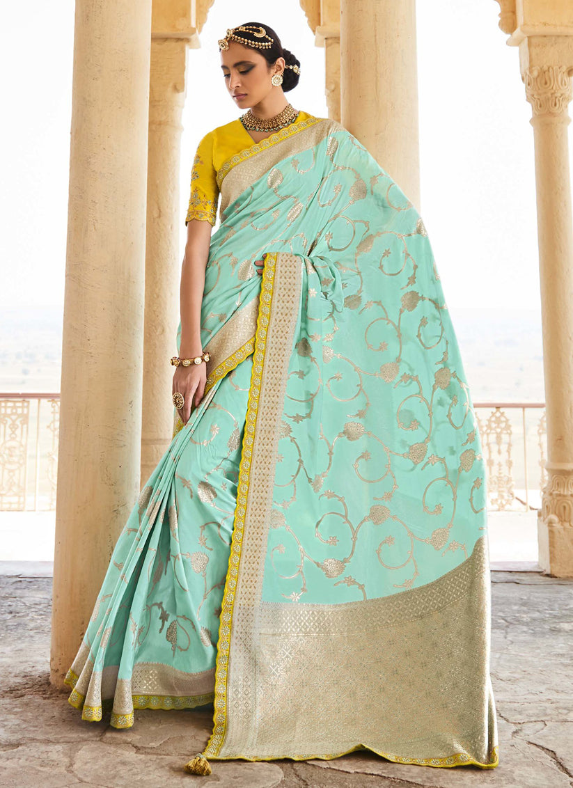 Ice Blue Silk Embroidered Wedding Saree