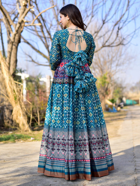 Blue Pure Chanderi Digital Printed Ready Made Gown