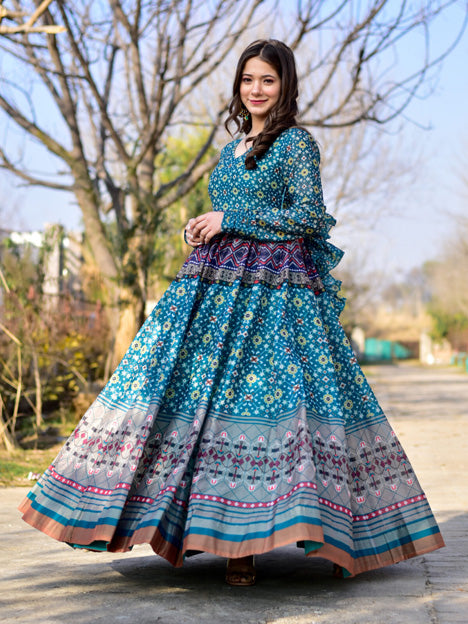 Blue Pure Chanderi Digital Printed Ready Made Gown