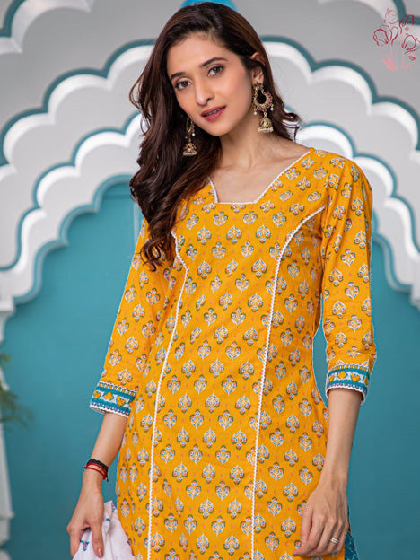 Yellow Cotton Readymade Palazzo Kameez Suit