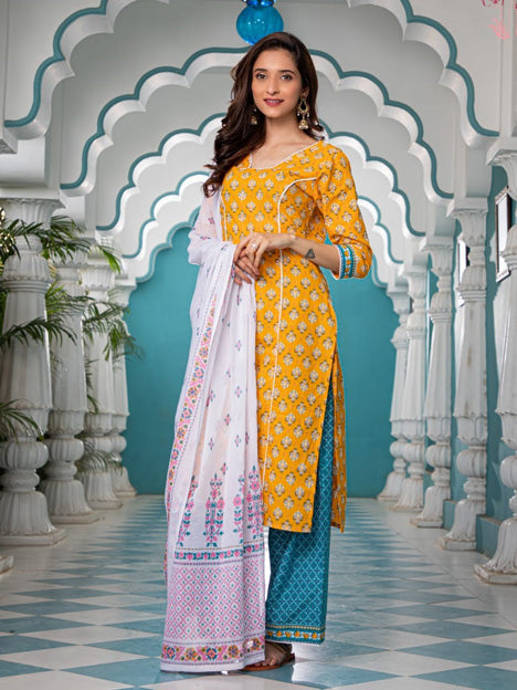 Yellow Cotton Readymade Palazzo Kameez Suit