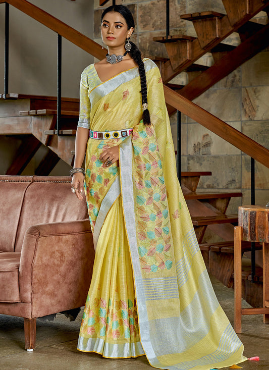 Pastel Yellow Linen Printed Saree
