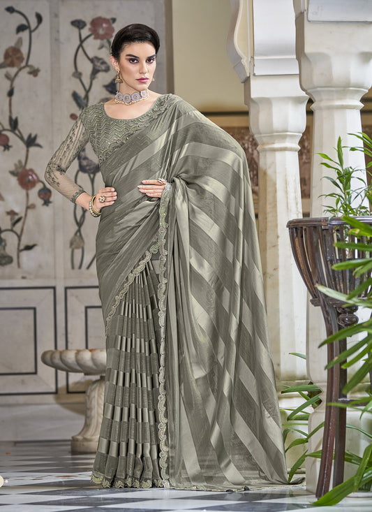 Sage Grey Chinnon Embroidered Party Wear Saree