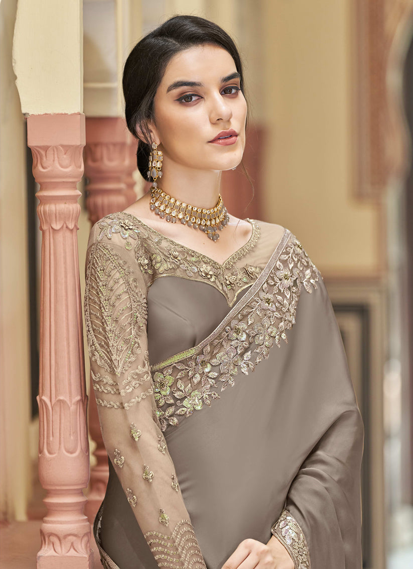 Taupe Grey Silk Designer Saree with Embroidered Blouse