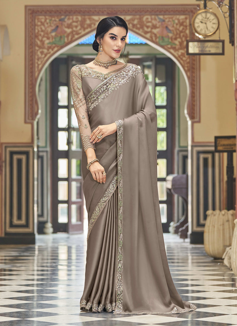 Taupe Grey Silk Designer Saree with Embroidered Blouse