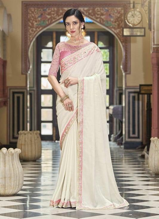 Off White Silk Designer Saree with Embroidered Blouse