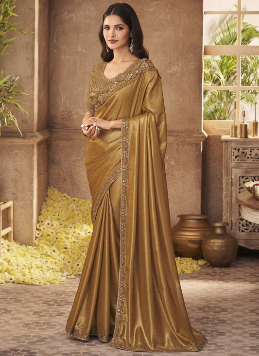 Golden Silk Embroidered Designer Wedding Saree