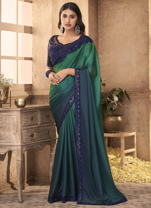 Peacock Blue and Rama Green Silk Embroidered Designer Wedding Saree