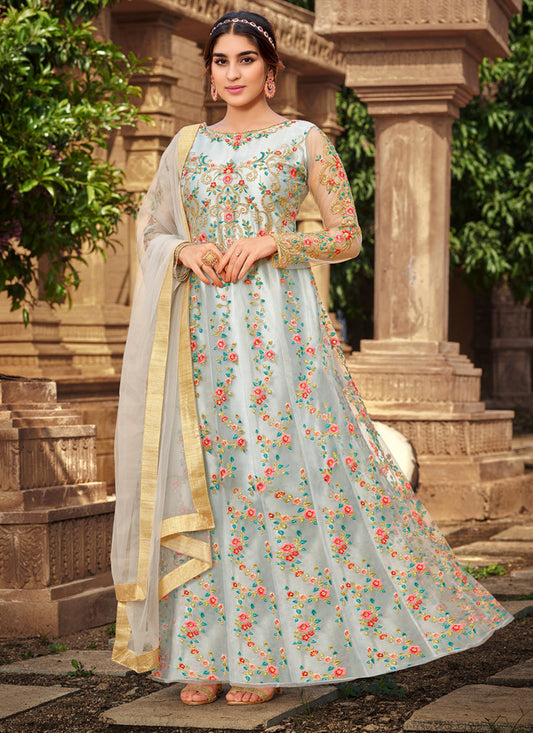 Silver Grey Net Embroidered Designer Ready Made Anarkali Suit