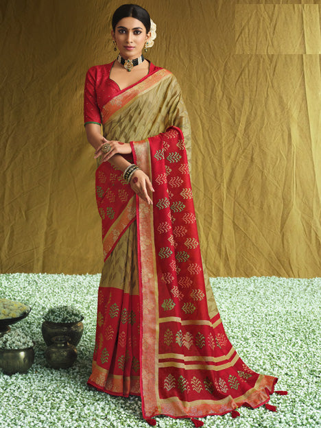 Beige Brasso Swarovski Work Wedding Saree