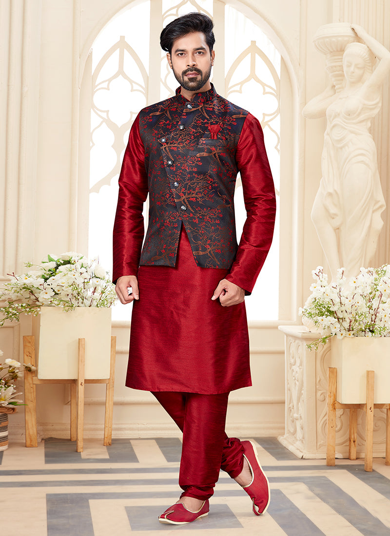 Maroon Silk Dupion Mens Kurta Set with Jacquard Jacket