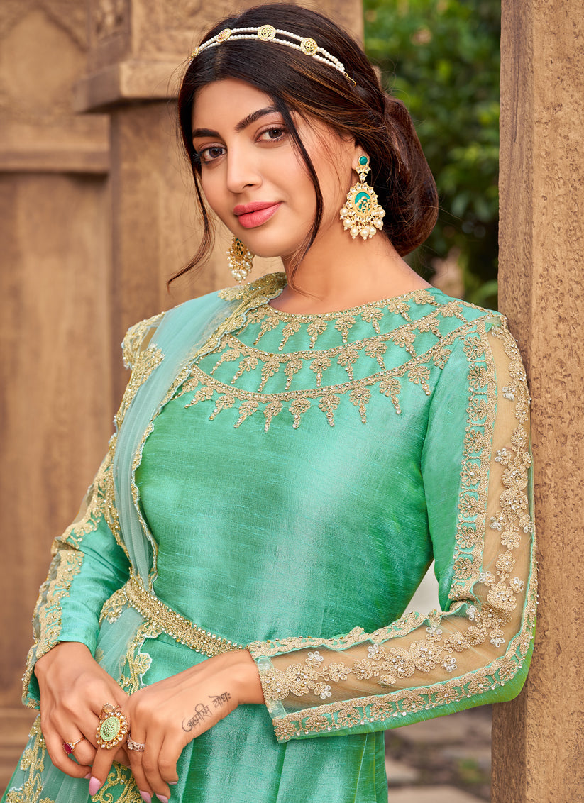 Turquoise Silk Embroidered Designer Anarkali Suit