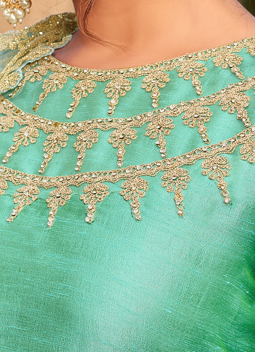 Turquoise Silk Embroidered Designer Anarkali Suit