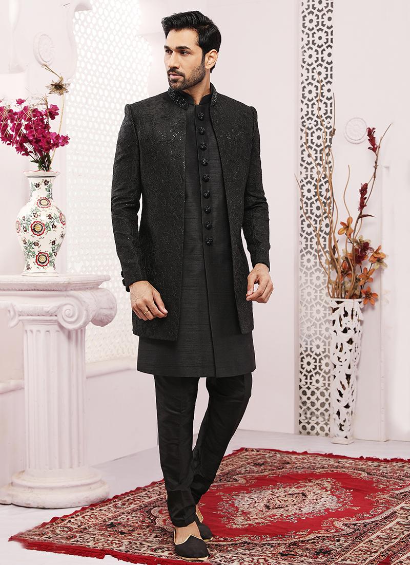 Black Art Banarasi Silk Mens Designer Indo Western