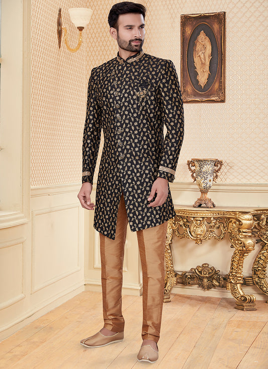 Black Jacquard Mens Embroidered Indo Western