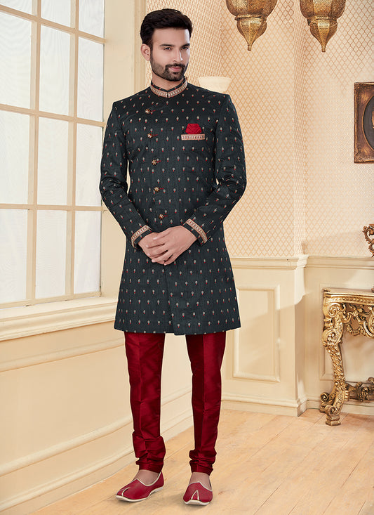 Black Jacquard Mens Embroidered Indo Western