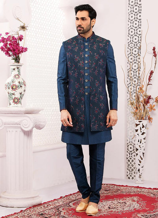 Navy Blue Jacquard Silk Brocade Mens Designer Indo Western