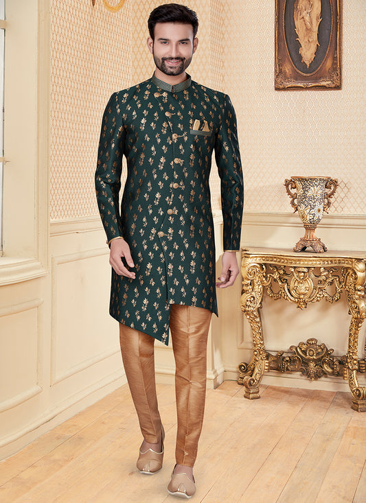 Pine Green Jacquard Mens Zari Work Indo Western