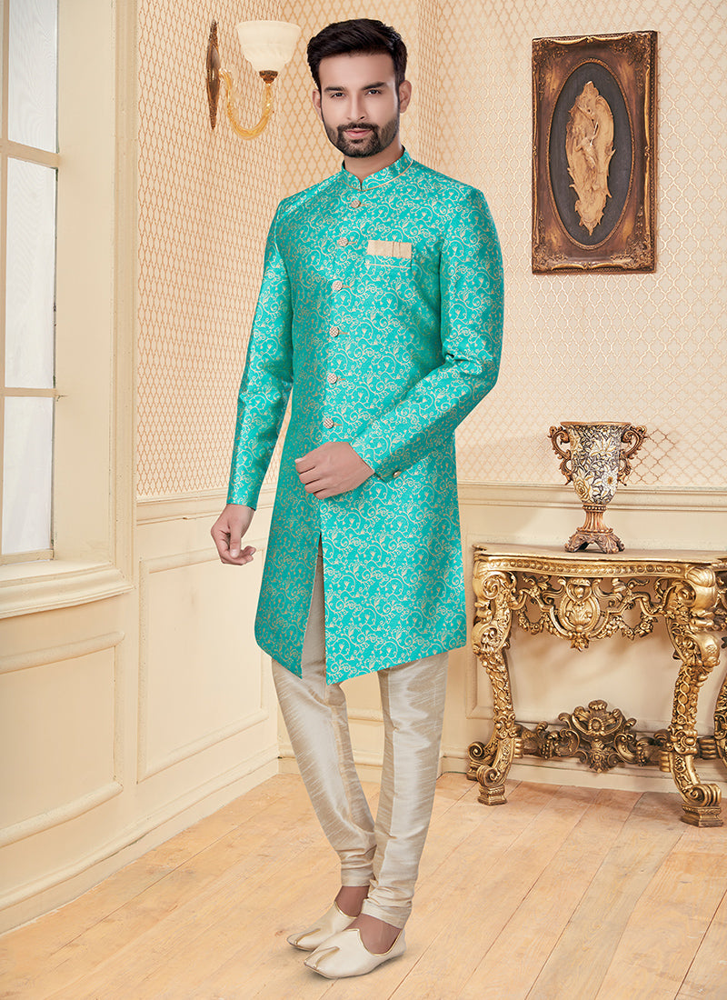 Sea Green Jacquard Mens Embroidered Indo Western