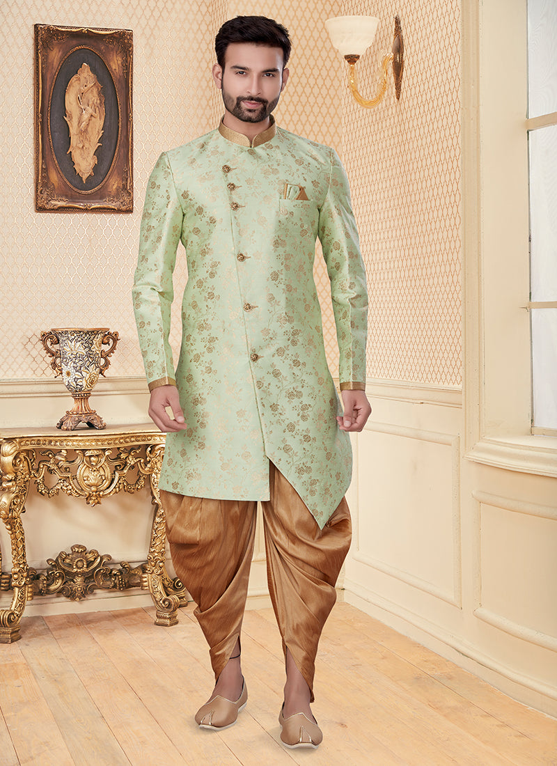 Pastel Green Jacquard Mens Embroidered Indo Western