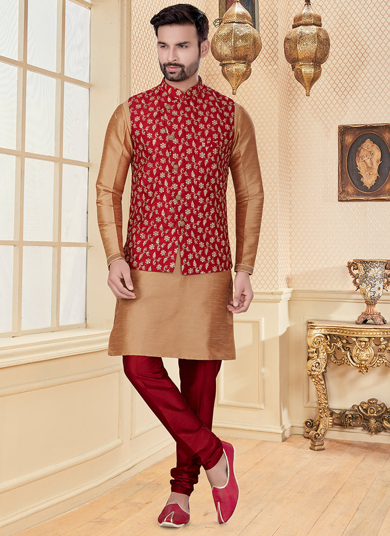 Beige Silk Dupion Mens Kurta Set with Jacquard Jacket