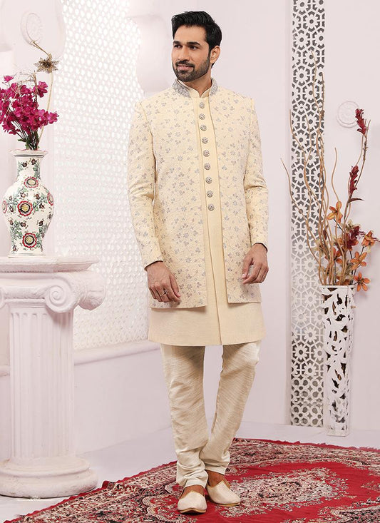 Cream Art Banarasi Silk Mens Designer Indo Western