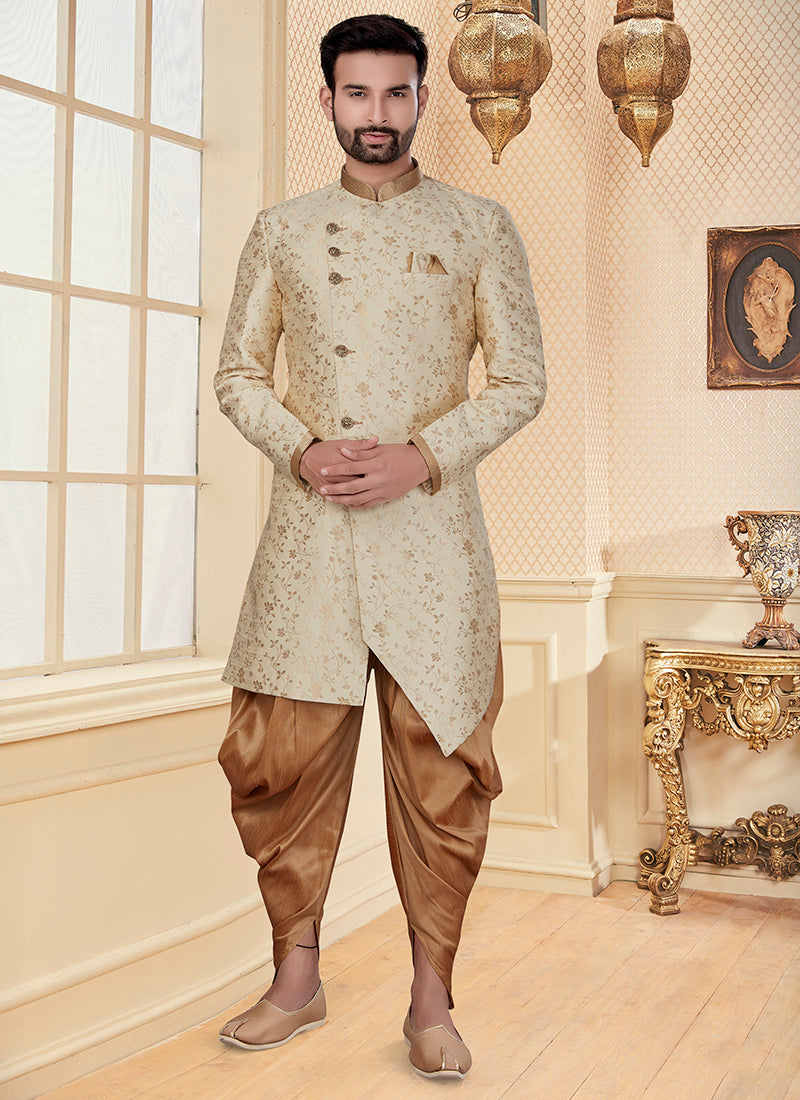 Cream Jacquard Mens Zari Work Indo Western