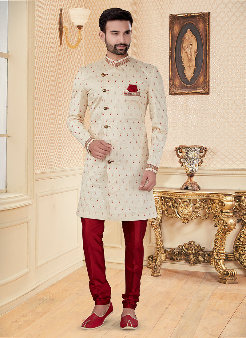 Cream Jacquard Mens Zari Work Indo Western