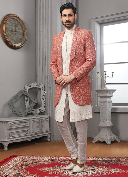 Off White Lucknowi Mens Designer Indo Western