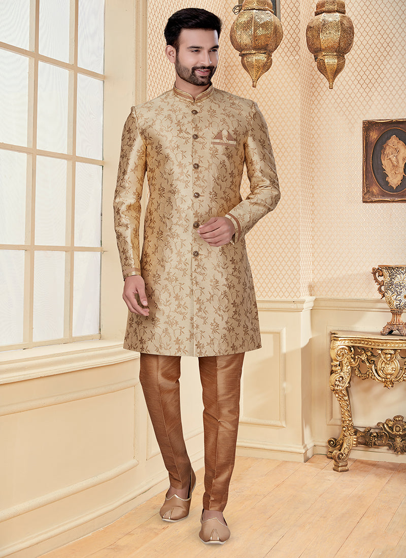 Golden Jacquard Mens Zari Work Indo Western