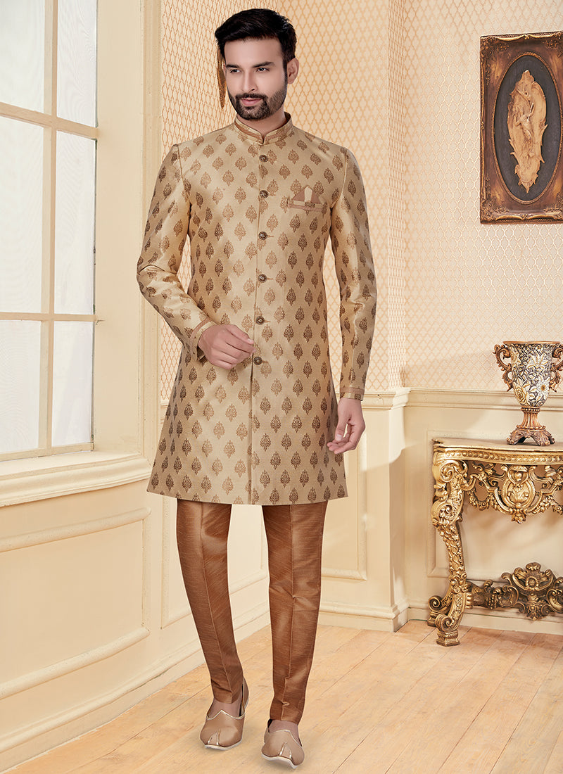 Golden Jacquard Mens Embroidered Indo Western