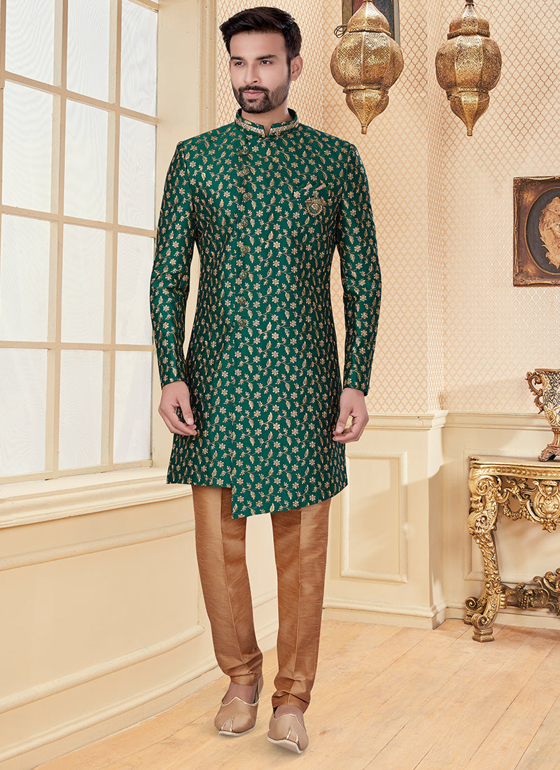 Green Jacquard Mens Embroidered Indo Western