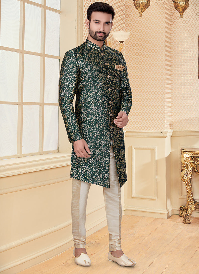 Bottle Green Jacquard Mens Indo Western