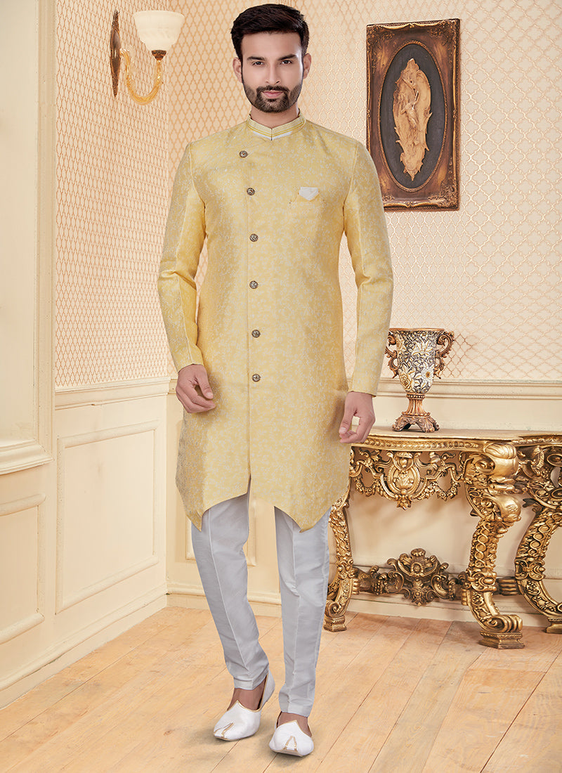 Lemon Yellow Jacquard Mens Embroidered Indo Western